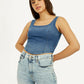 Women's Solid Blue Square Neck Denim Corset Top - Elevated View