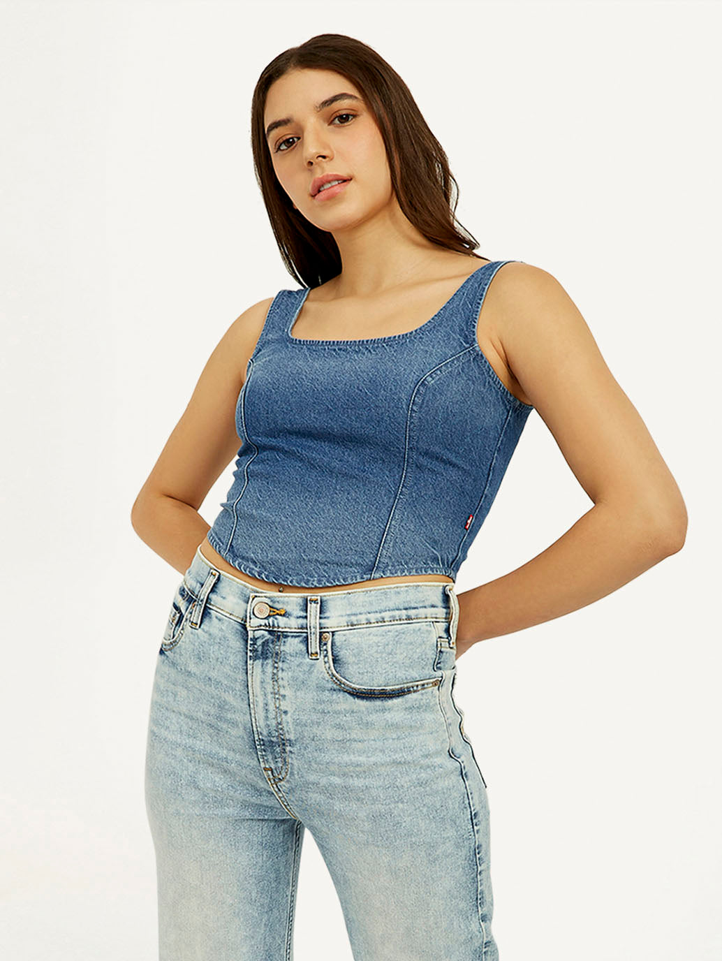 Women's Solid Blue Square Neck Denim Corset Top - Elevated View