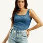 Women's Solid Blue Square Neck Denim Corset Top - Styleshot View
