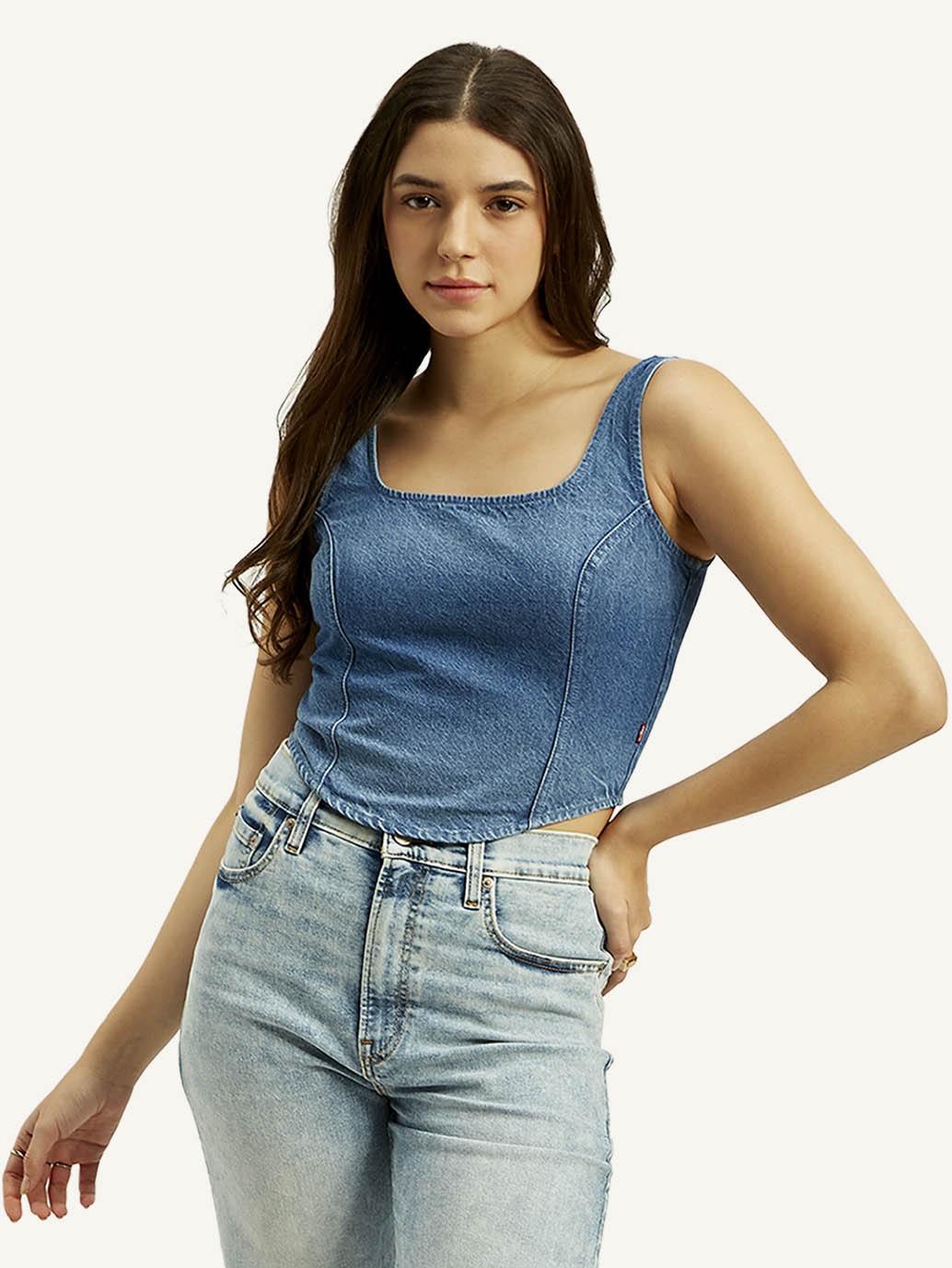 Women's Solid Blue Square Neck Denim Corset Top - Styleshot View