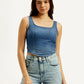 Women's Solid Blue Square Neck Denim Corset Top - Front View