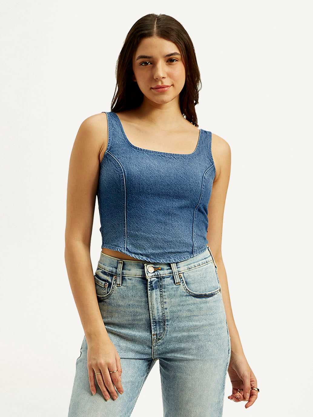 Women's Solid Blue Square Neck Denim Corset Top - Front View