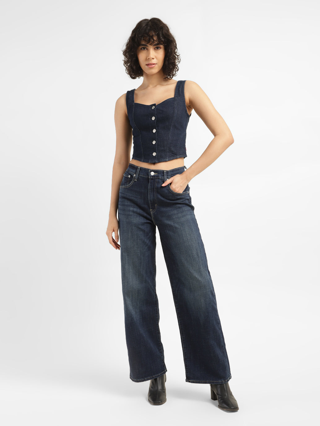 Women's Solid Blue Corset Top - ModelFront View