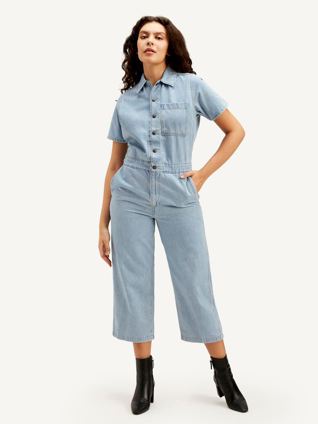 Women's Light Blue Solid Jumpsuit - Front View