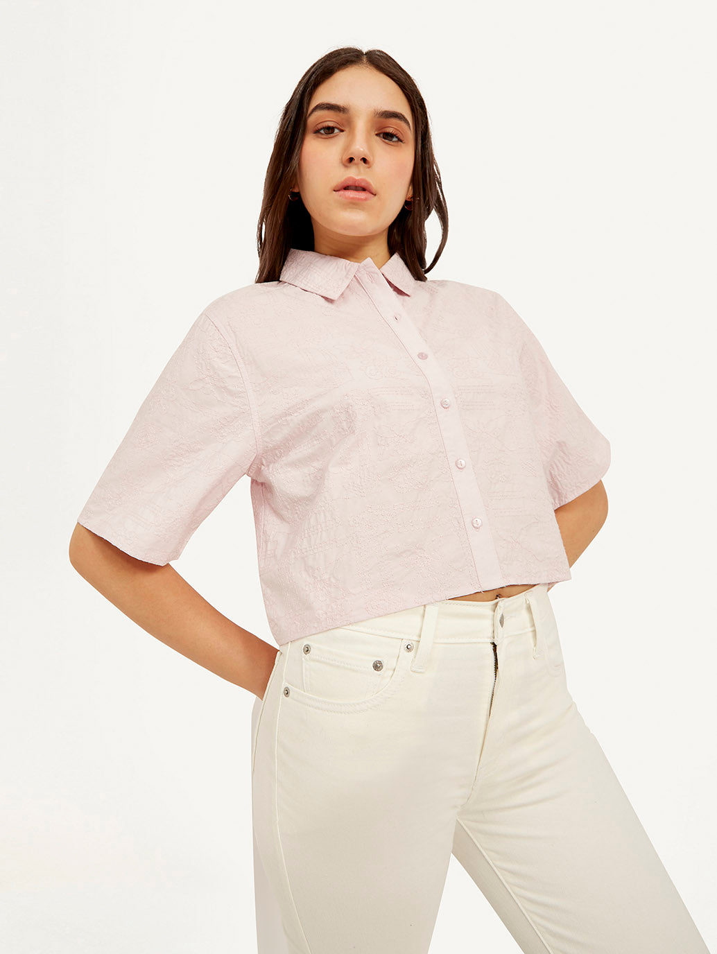 Women's Textured Spread Collar Shirt - Elevated View