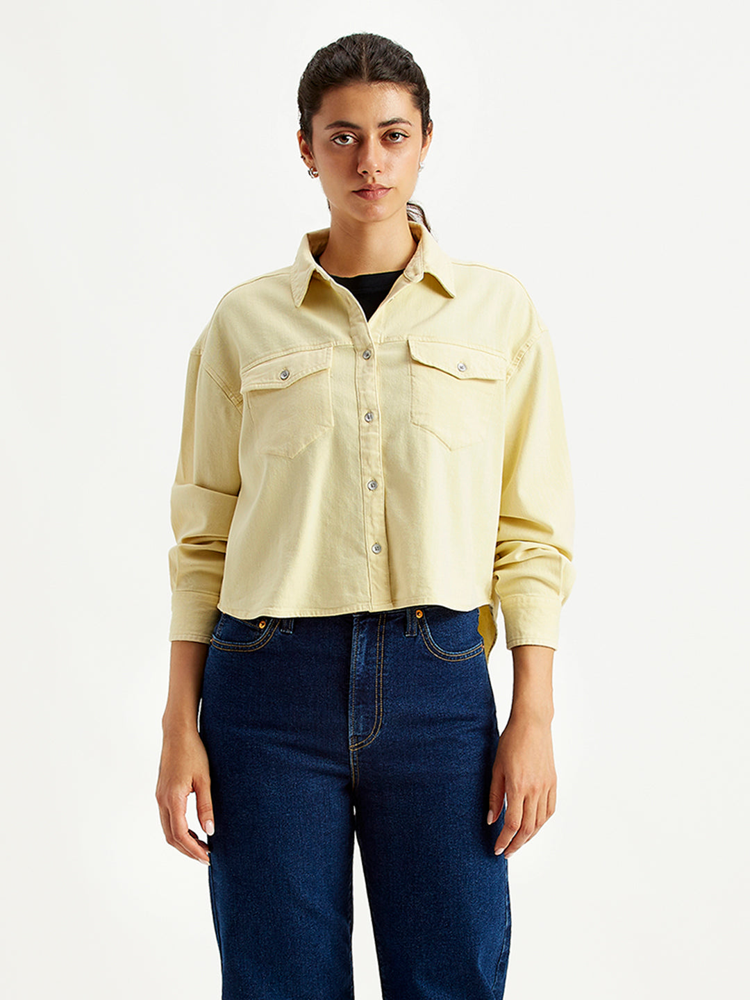 Women's Solid Regular Fit Denim Shirt - Front View