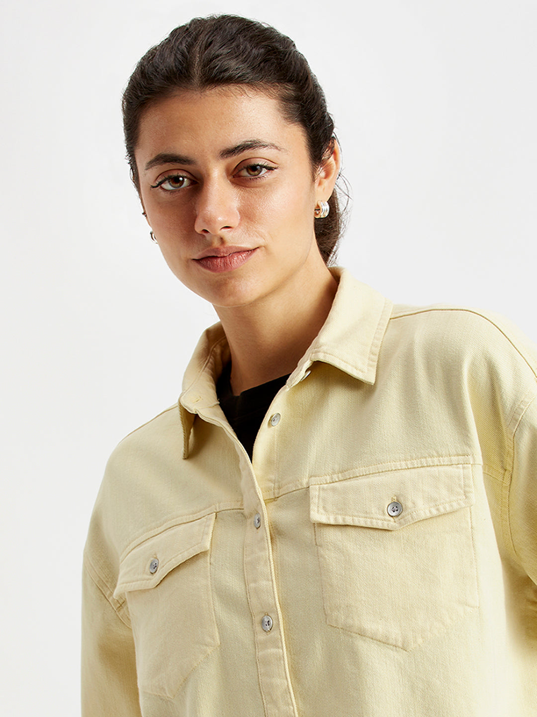 Women's Solid Regular Fit Denim Shirt - Detail View