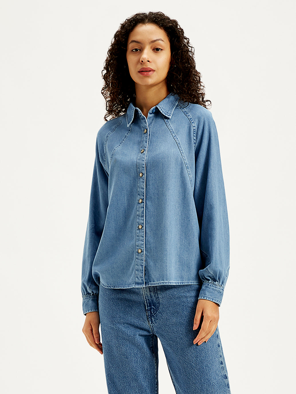 Women's Solid Regular Fit Denim Shirt - Front View