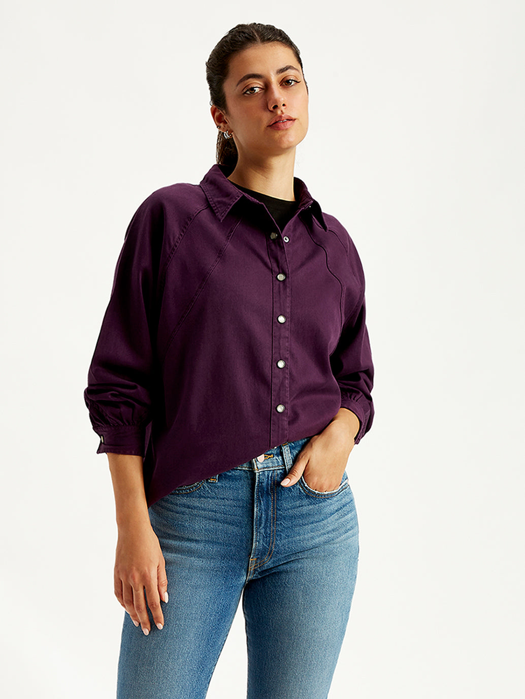 Women's Solid Relaxed Fit Denim Shirt - Styleshot View