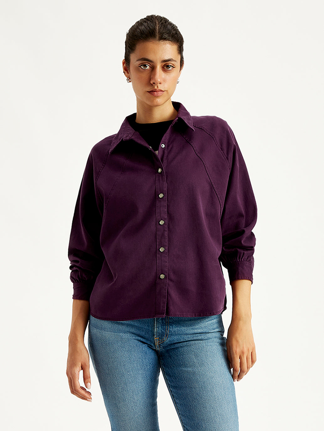 Women's Solid Relaxed Fit Denim Shirt - Front View