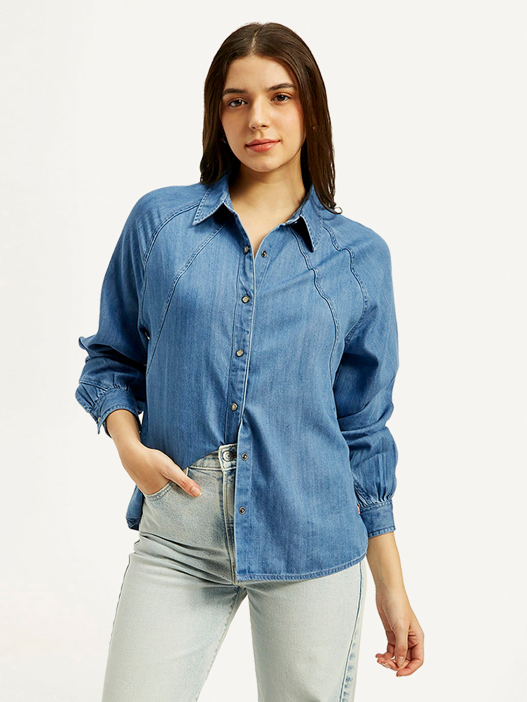 Women's Solid Spread Collar Denim Shirt - Styleshot View