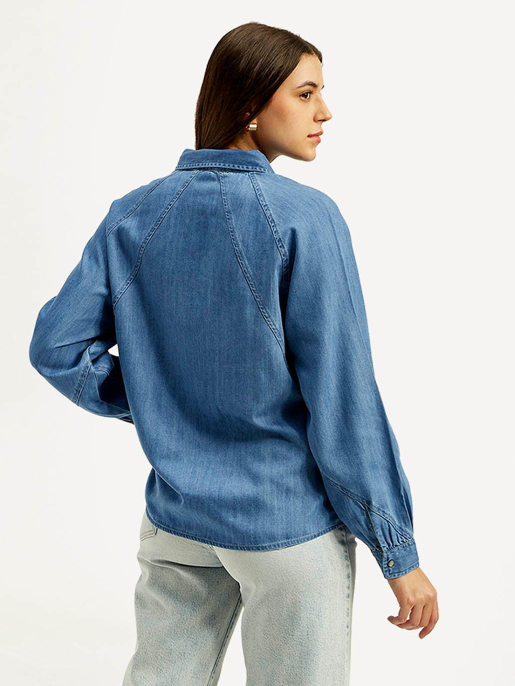 Women's Solid Spread Collar Denim Shirt - Back View