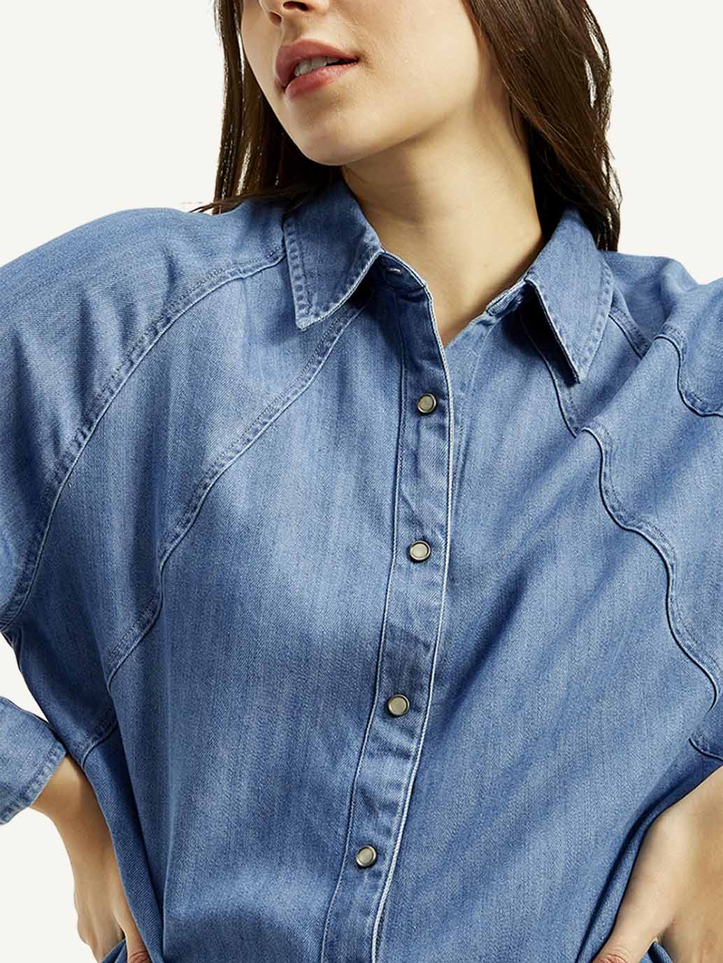 Women's Solid Spread Collar Denim Shirt - Detail View