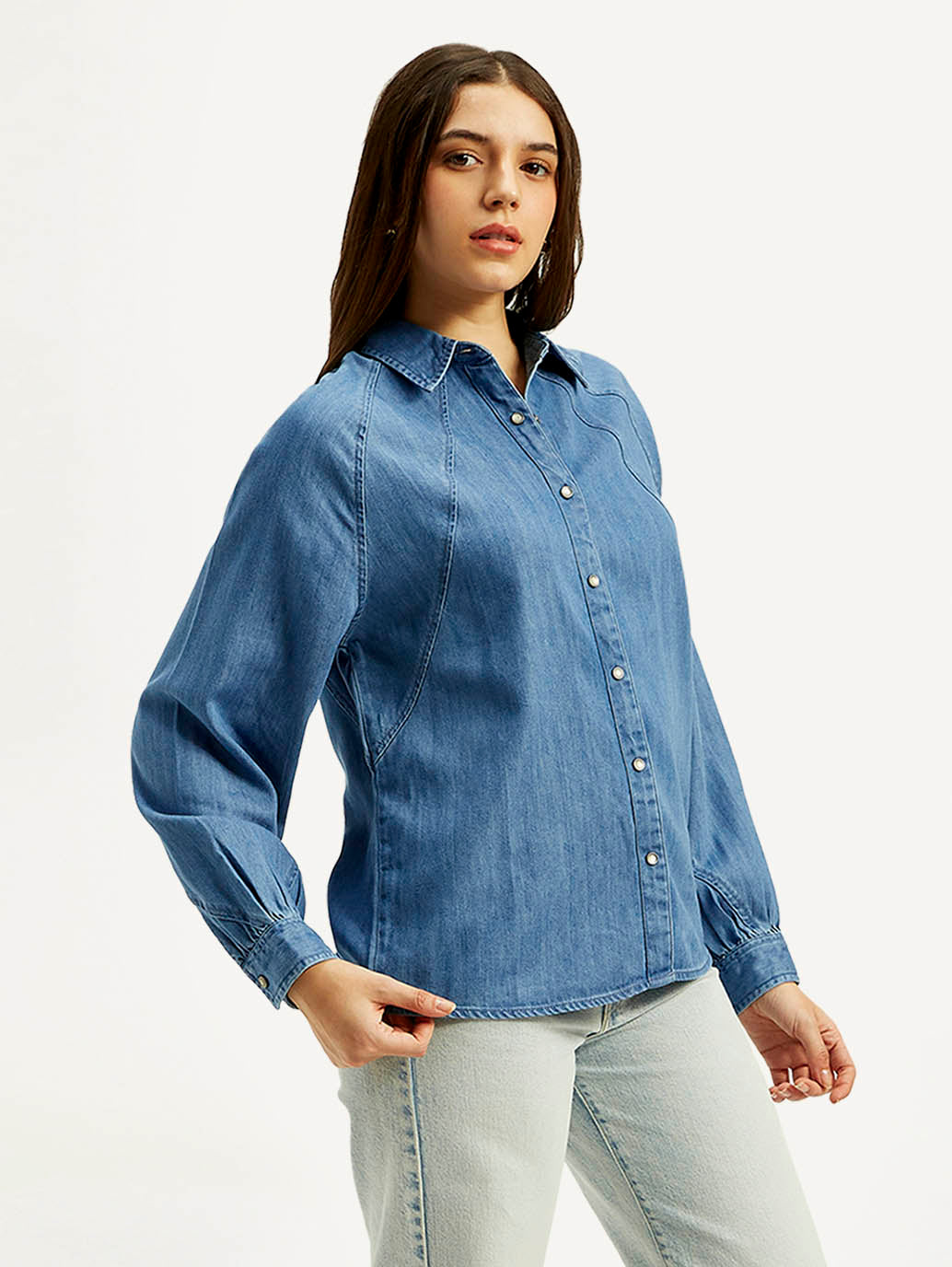 Women's Solid Spread Collar Denim Shirt - Side View