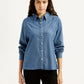 Women's Solid Blue Spread Collar Denim Shirt - Styleshot View