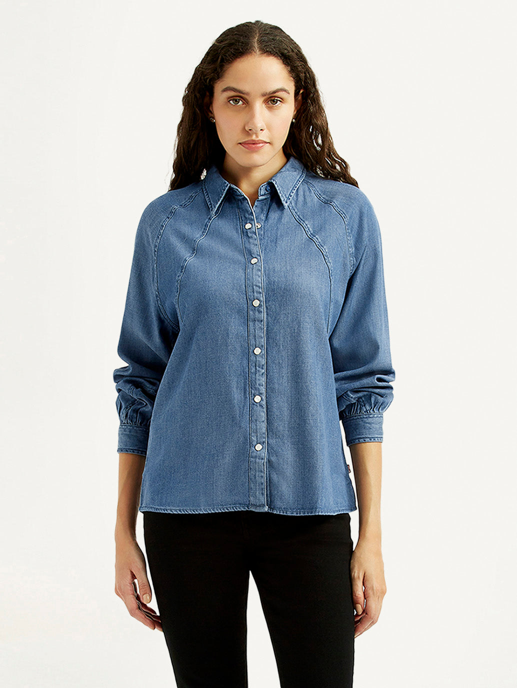 Women's Solid Blue Spread Collar Denim Shirt - Styleshot View