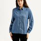 Women's Solid Blue Spread Collar Denim Shirt - Front View