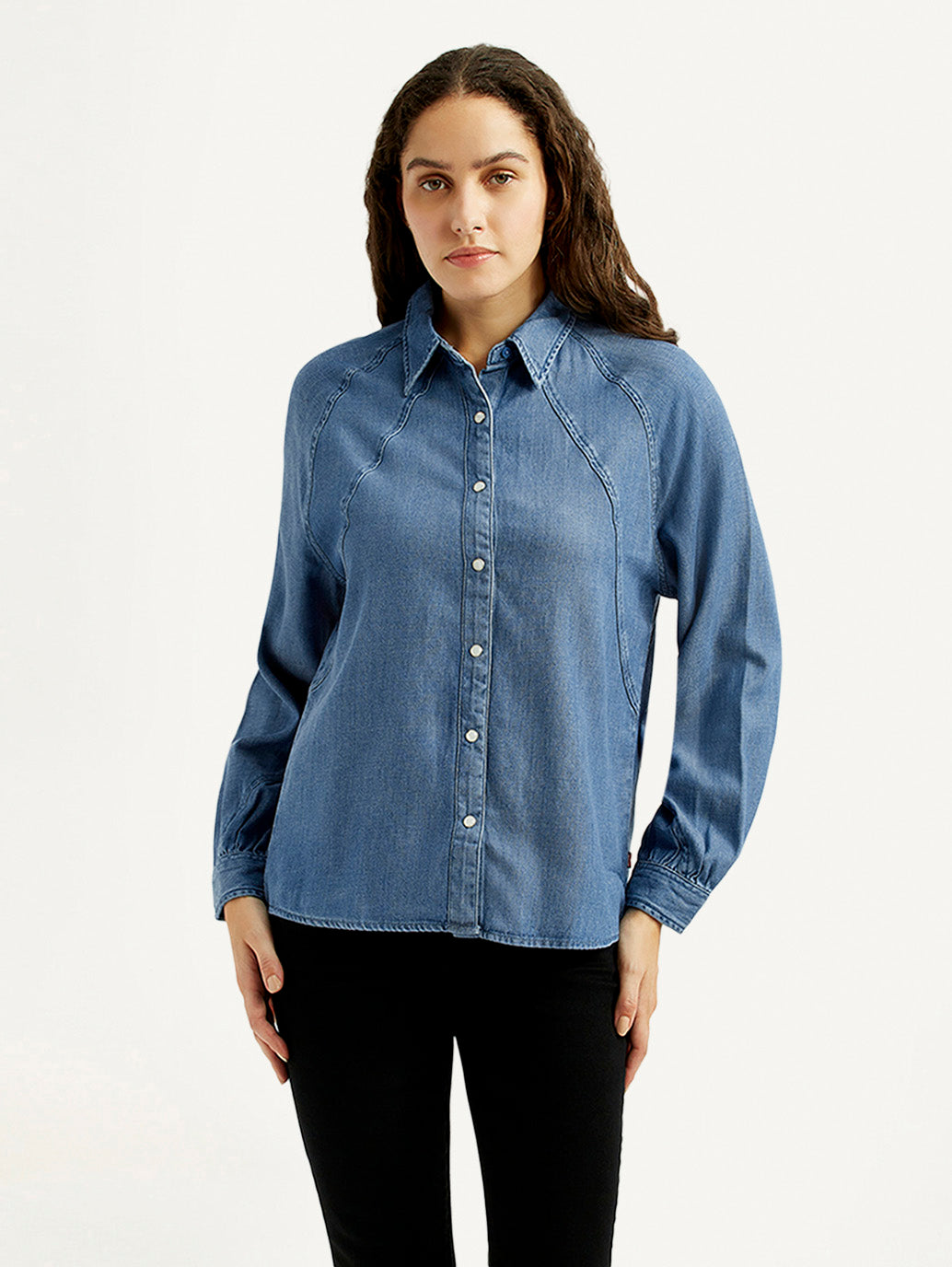 Women's Solid Blue Spread Collar Denim Shirt - Front View