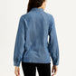 Women's Solid Blue Spread Collar Denim Shirt - Back View