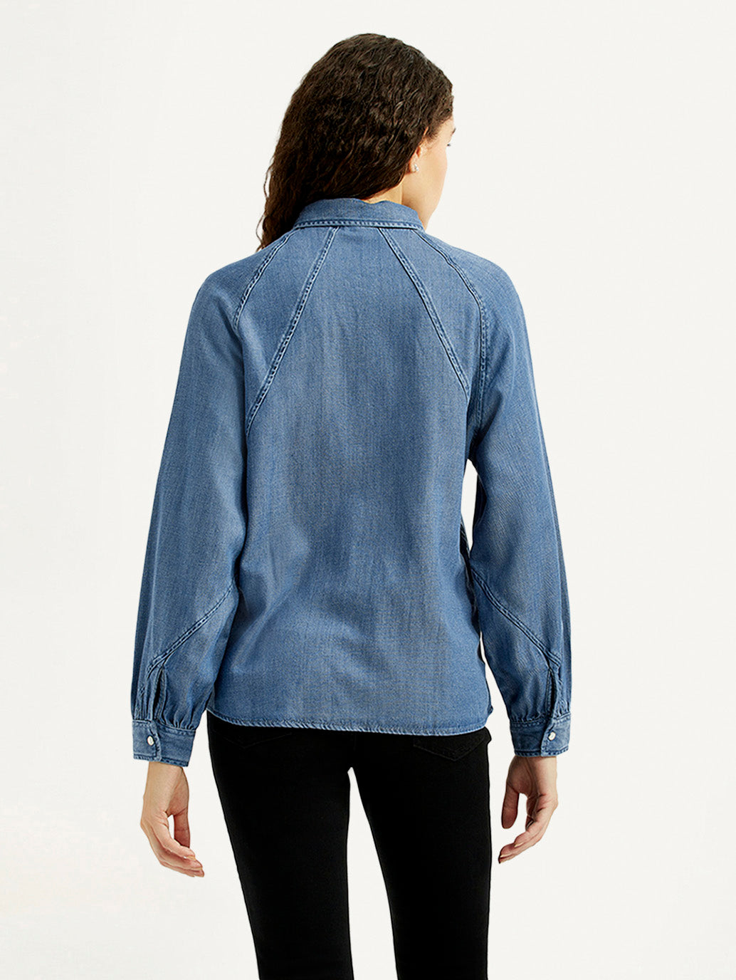 Women's Solid Blue Spread Collar Denim Shirt - Back View