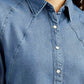 Women's Solid Blue Spread Collar Denim Shirt - Detail View