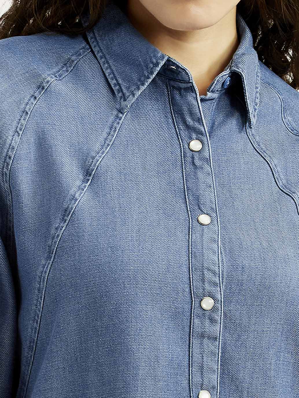 Women's Solid Blue Spread Collar Denim Shirt - Detail View