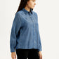 Women's Solid Blue Spread Collar Denim Shirt - Side View