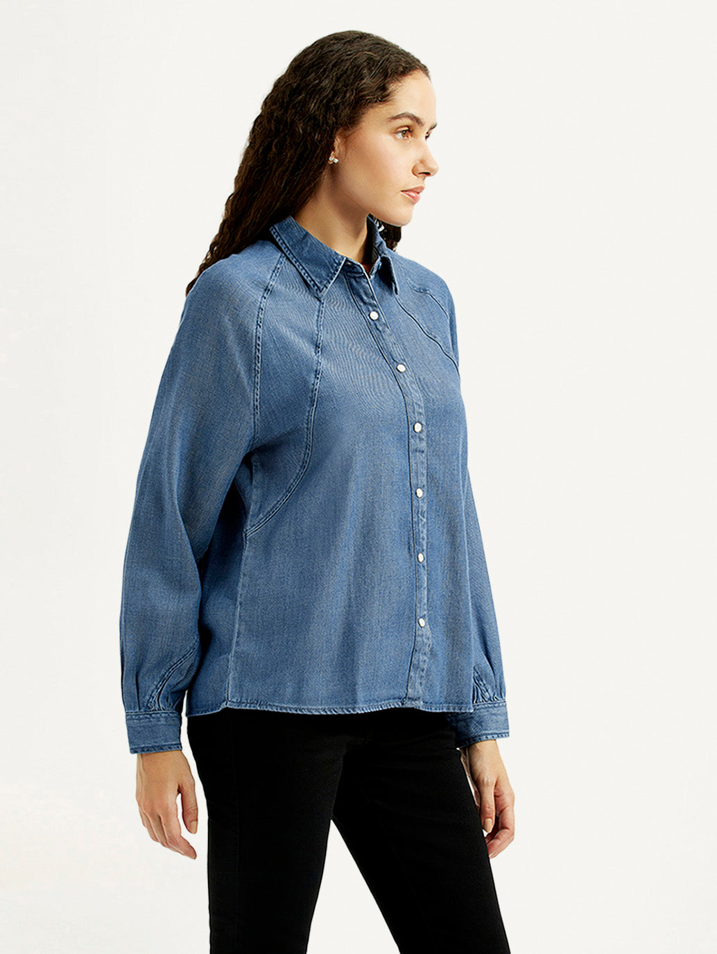 Women's Solid Blue Spread Collar Denim Shirt - Side View