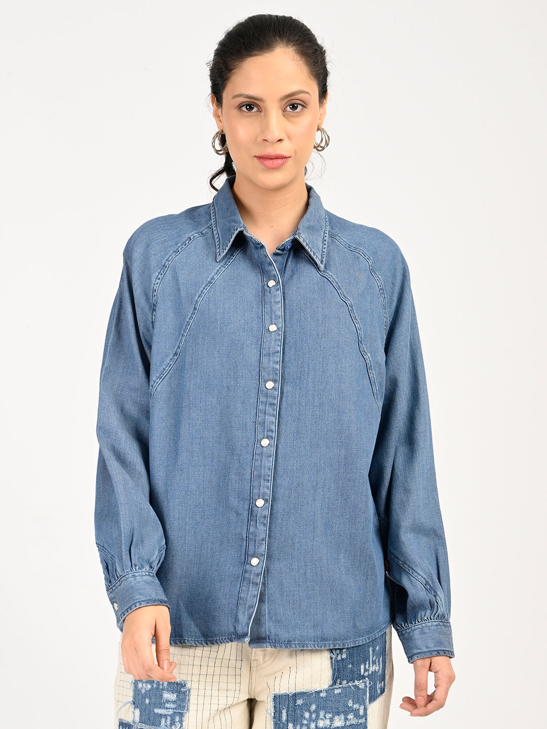 Women's Solid Blue Spread Collar Denim Shirt - front View