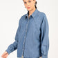 Women's Solid Blue Spread Collar Denim Shirt - side View