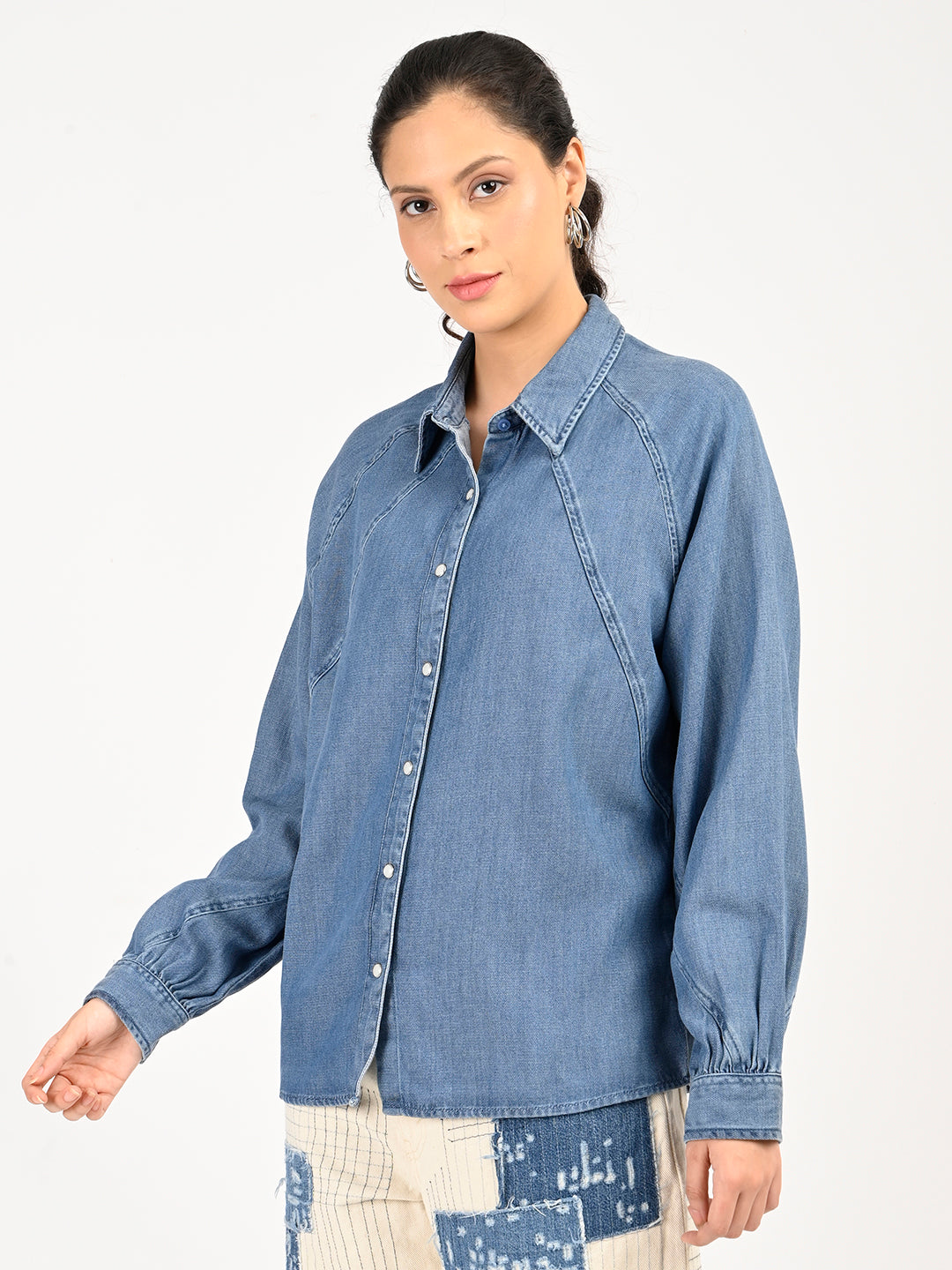 Women's Solid Blue Spread Collar Denim Shirt - side View