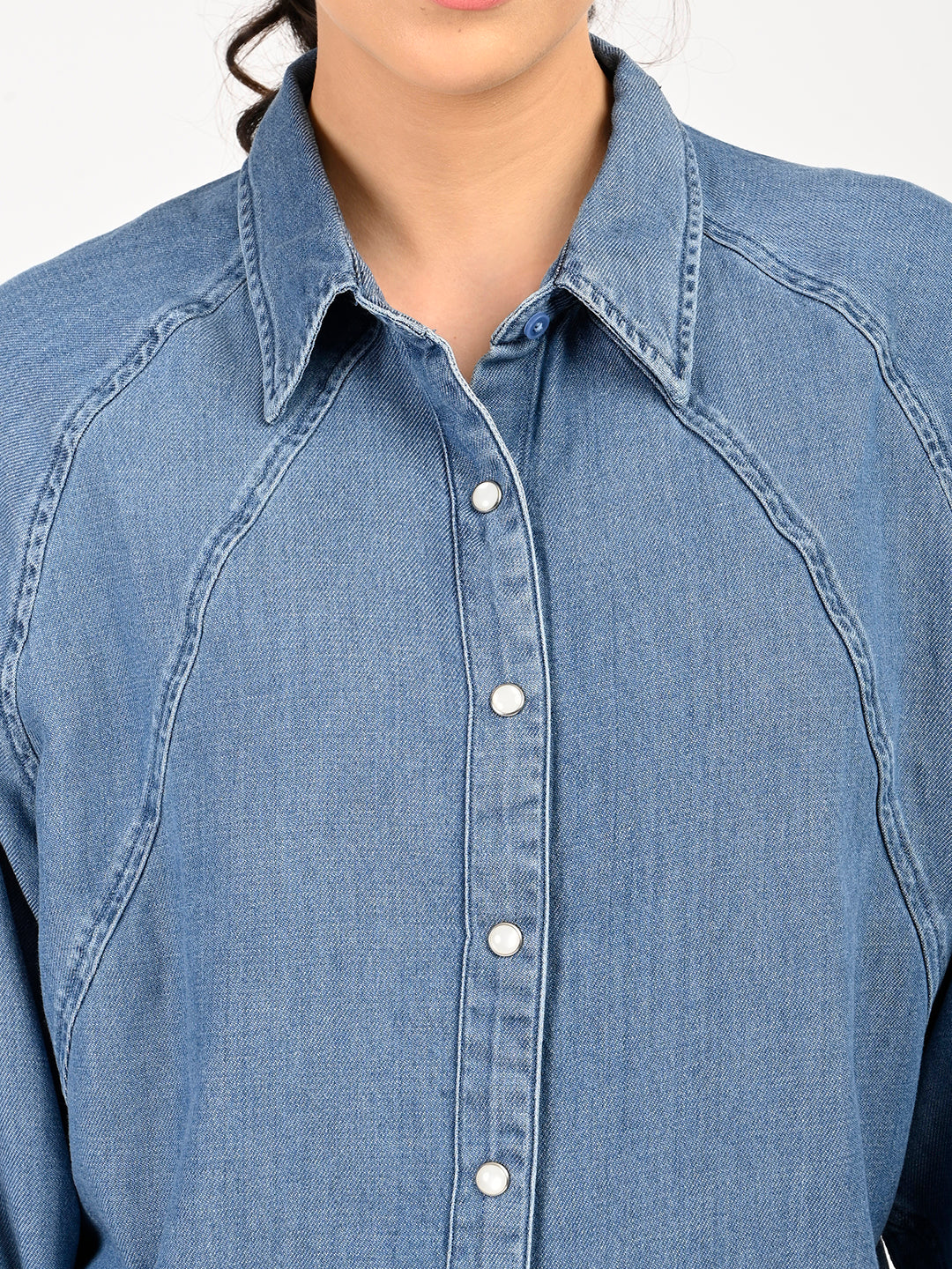 Women's Solid Blue Spread Collar Denim Shirt - detail View