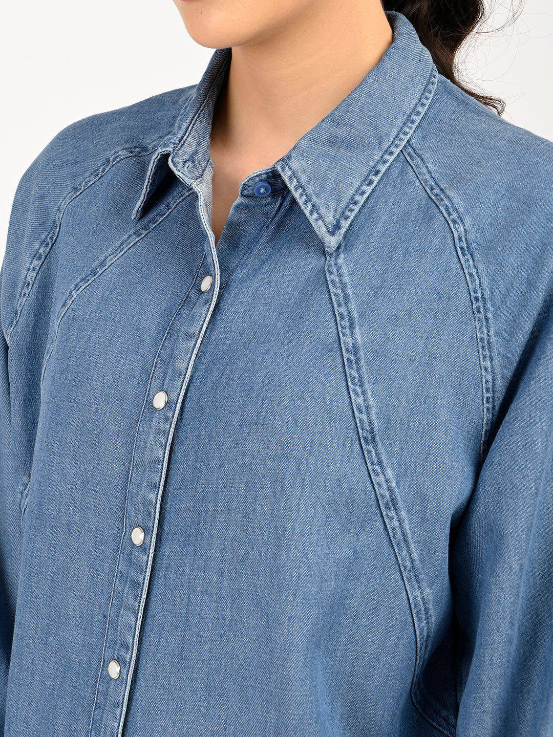 Women's Solid Blue Spread Collar Denim Shirt - detail View