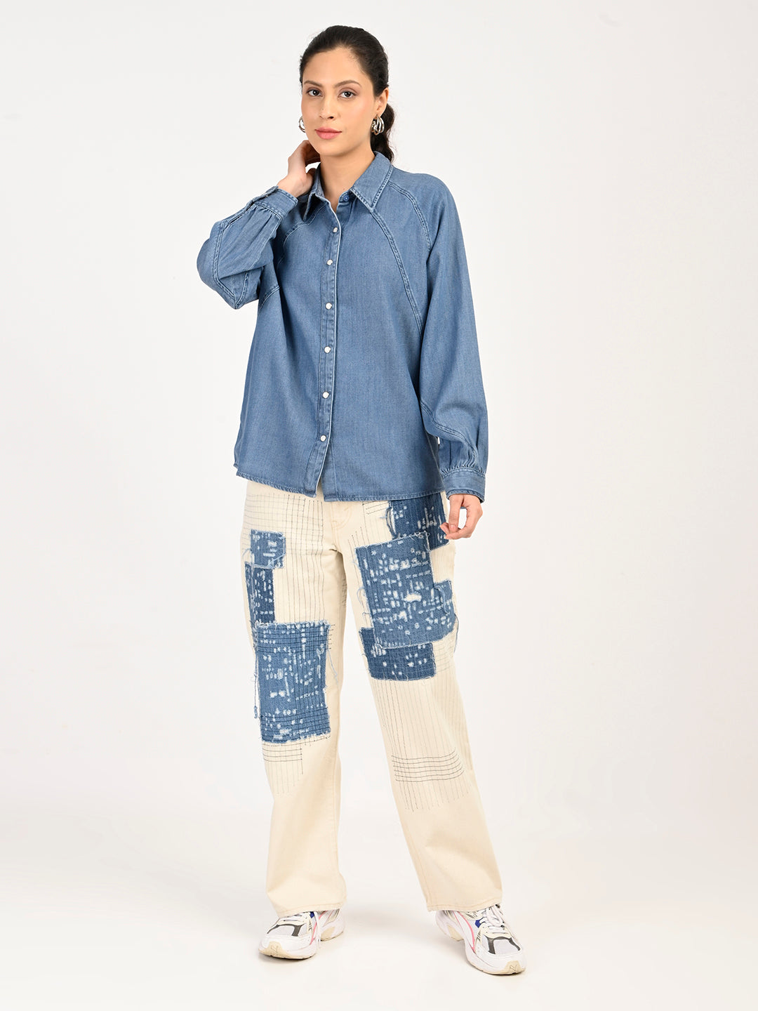 Women's Solid Blue Spread Collar Denim Shirt - 6 View