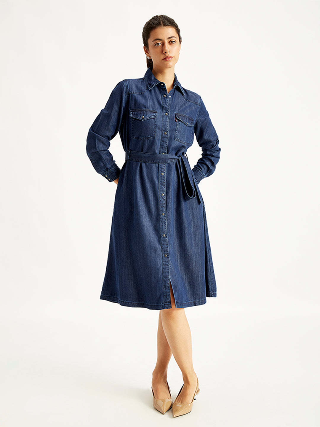 Women's Solid Indigo Spread Collar Shirt Denim Dress - Front View