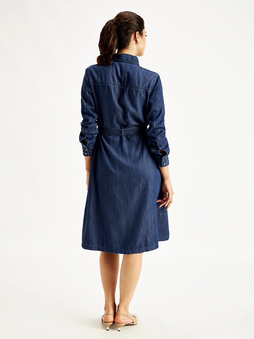 Women's Solid Indigo Spread Collar Shirt Denim Dress - Back View
