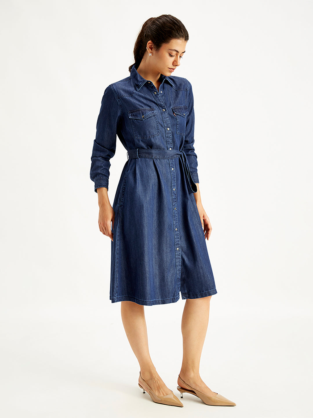 Women's Solid Indigo Spread Collar Shirt Denim Dress - Side View