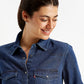 Women's Solid Indigo Spread Collar Shirt Denim Dress - Detail View