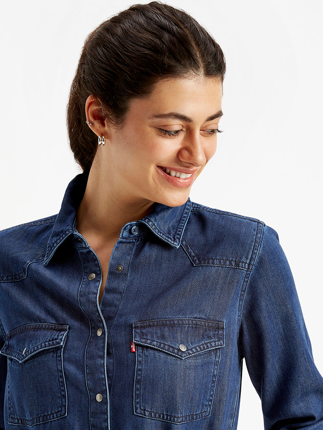 Women's Solid Indigo Spread Collar Shirt Denim Dress - Detail View