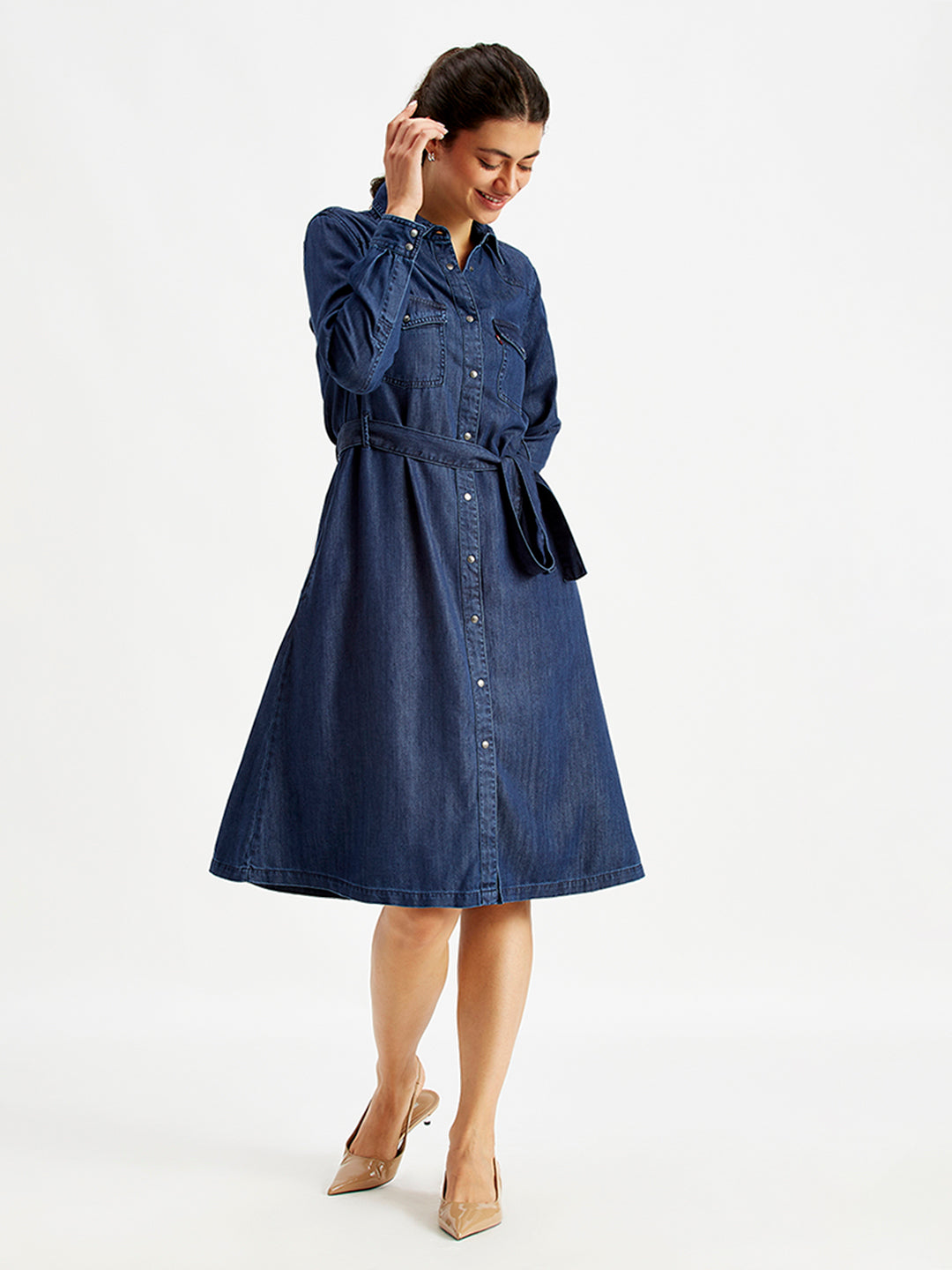 Women's Solid Indigo Spread Collar Shirt Denim Dress - adc2bb77-9821-4c4b-b01c-aad651d1b541 View