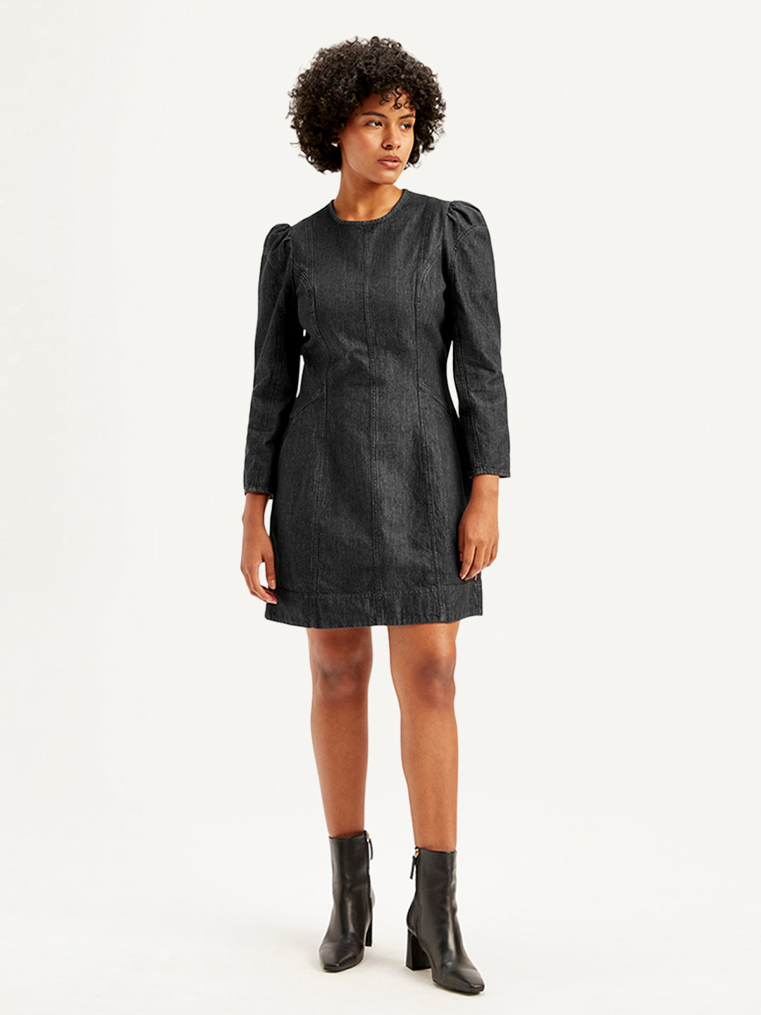 Women's Solid Black Round Neck Denim Dress - Front View