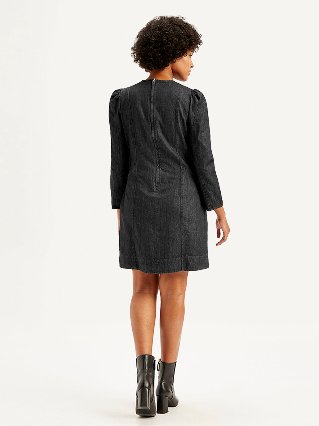 Women's Solid Black Round Neck Denim Dress - Back View