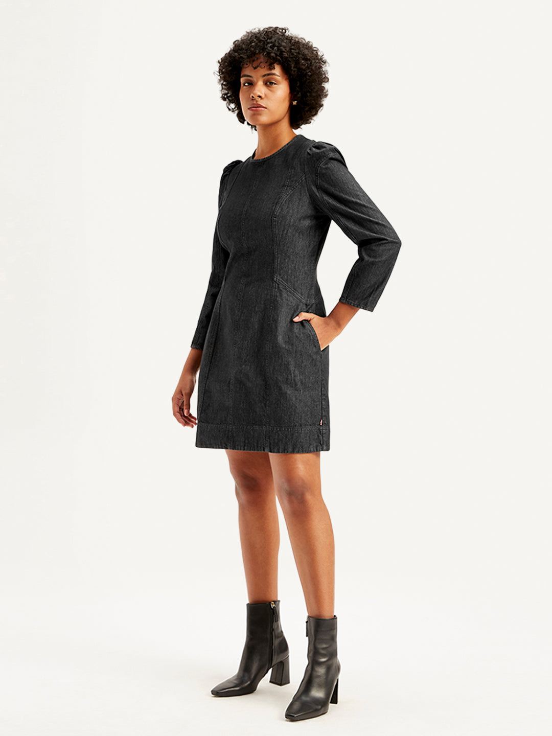 Women's Solid Black Round Neck Denim Dress - Side View