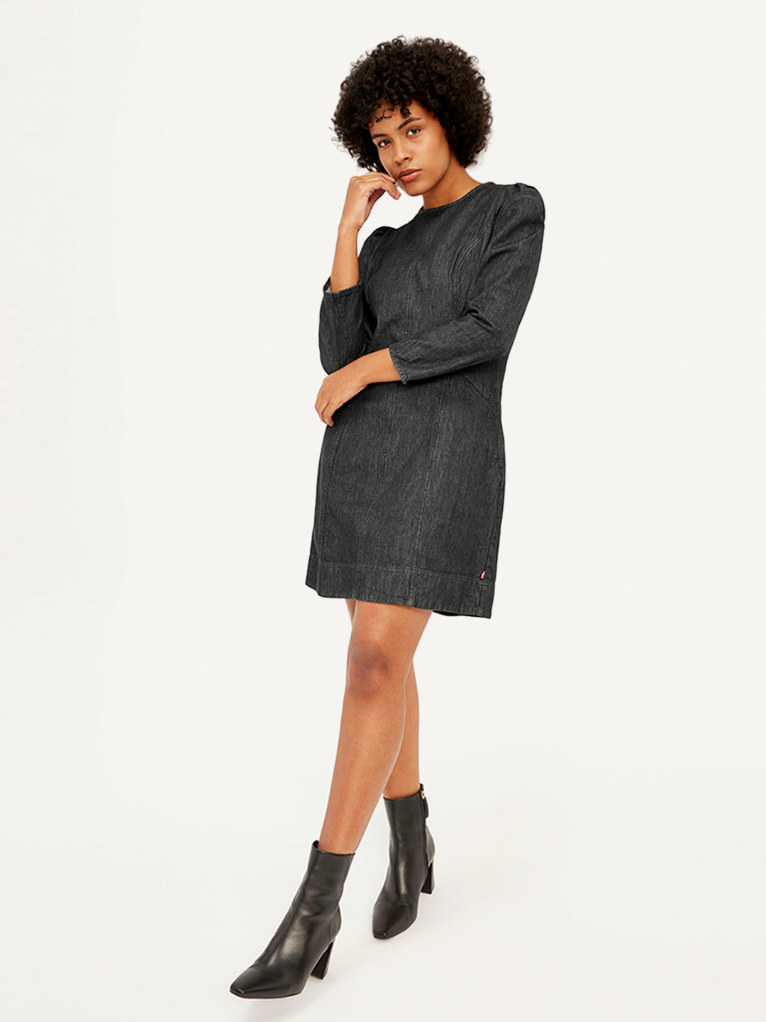 Women's Solid Black Round Neck Denim Dress - Styleshot View
