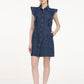 Women's Solid Blue Spread Collar Denim Dress - Front View