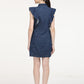 Women's Solid Blue Spread Collar Denim Dress - Back View