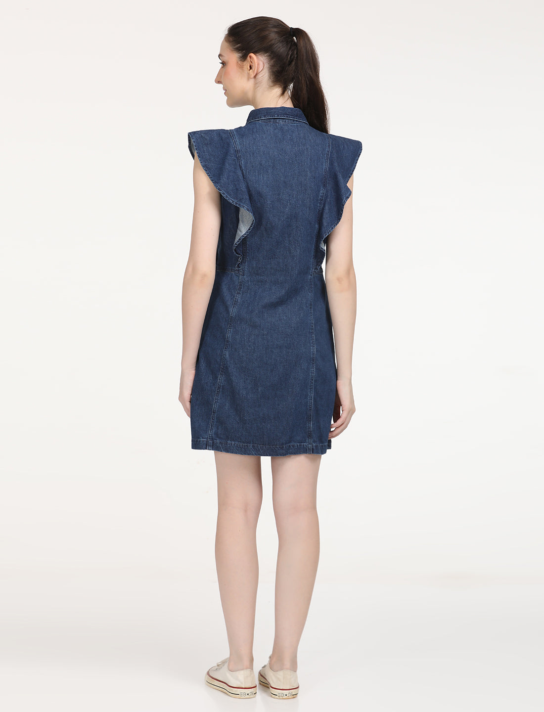 Women's Solid Blue Spread Collar Denim Dress - Back View