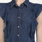 Women's Solid Blue Spread Collar Denim Dress - Detail View