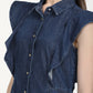 Women's Solid Blue Spread Collar Denim Dress - Detail View