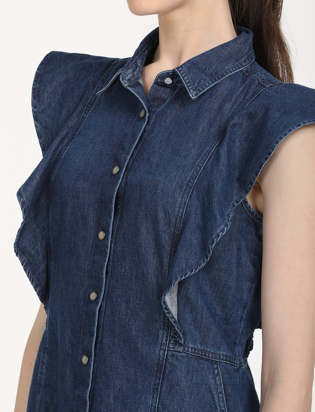 Women's Solid Blue Spread Collar Denim Dress - Detail View